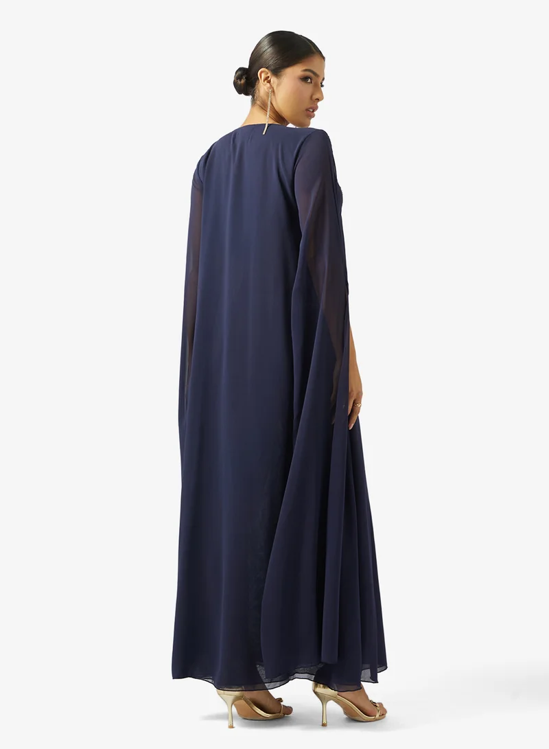hayas closet V-Neck Embroidered Neck Cape Sleeve Dress